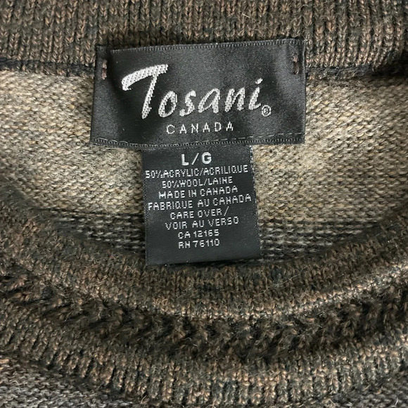 Vintage Tosani Men’s Crewneck Sweater Large Wool blend Brown Tan Striped - Picture 5 of 8